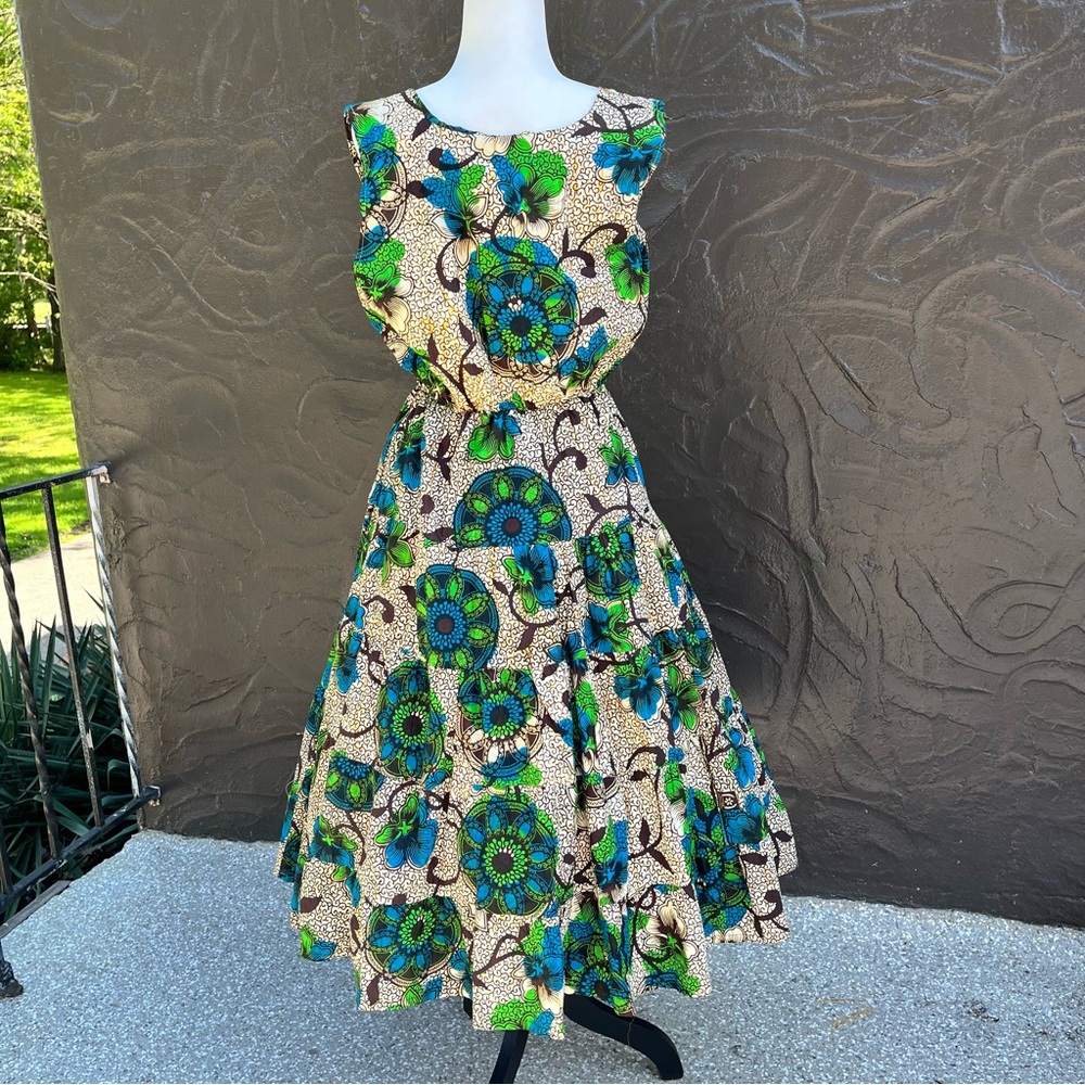 Vintage Hawaiian tiki print retro style flare dress homemade cotton XL 40” bust - Picture 4 of 5